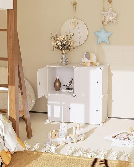 C&AHOME Cube Storage Organizer with Doors, 4-Cube Shelves, Closet Cabinet, DIY Plastic Modular Bookshelf Ideal for Bedroom, Living Room, 24.8" L x 12.4" W x 24.8" H Milky USHS04M-DOOR - LeafyLoom