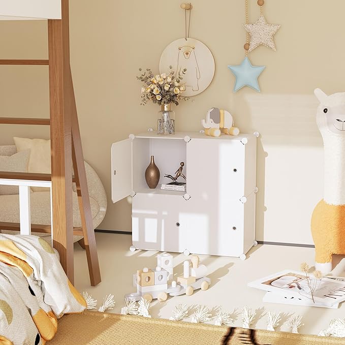 C&AHOME Cube Storage Organizer with Doors, 4-Cube Shelves, Closet Cabinet, DIY Plastic Modular Bookshelf Ideal for Bedroom, Living Room, 24.8" L x 12.4" W x 24.8" H Milky USHS04M-DOOR - LeafyLoom