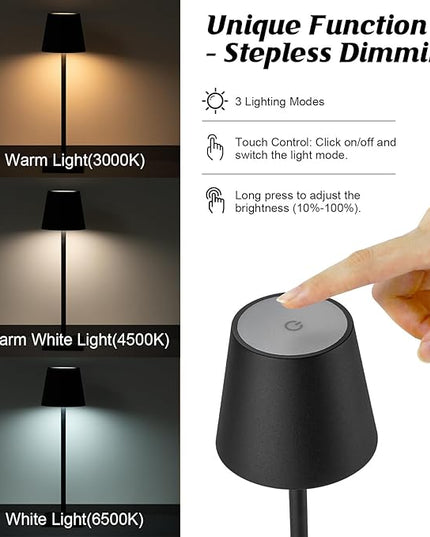 1 Pack Black Cordless Table Lamp, LED Rechargeable Desk Lamp, 5200mAh Battery Operated Table Light, Aluminum Shell, 3 Color Stepless Dimming Up Waterproof for Restaurant/Indoor/Outdoor (Black) - LeafyLoom