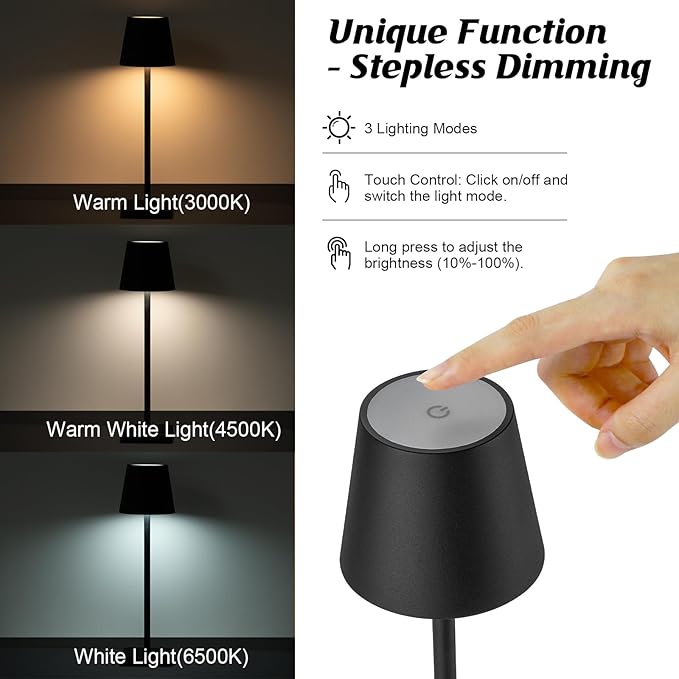 1 Pack Black Cordless Table Lamp, LED Rechargeable Desk Lamp, 5200mAh Battery Operated Table Light, Aluminum Shell, 3 Color Stepless Dimming Up Waterproof for Restaurant/Indoor/Outdoor (Black) - LeafyLoom