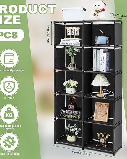 2 Pack DIY Portable Bookshelf Non Woven 5 Tier Black Cube Storage Organizer Book Case Cubicle Closet Shelf Organizer With10 Cubes Vertical Cabinet for bedroom Office Living Room - LeafyLoom