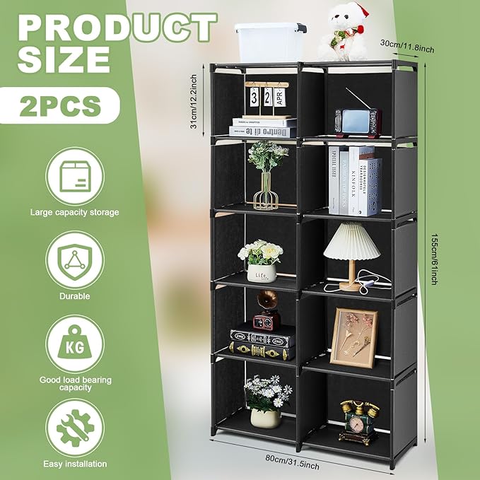 2 Pack DIY Portable Bookshelf Non Woven 5 Tier Black Cube Storage Organizer Book Case Cubicle Closet Shelf Organizer With10 Cubes Vertical Cabinet for bedroom Office Living Room - LeafyLoom