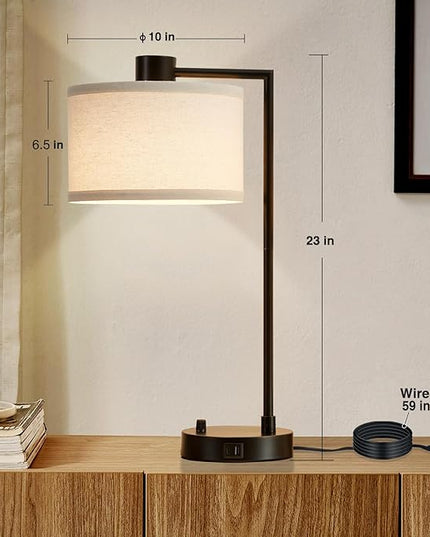 Luvkczc Table Lamp for Bedroom Set of 2 with USB C+A Ports, Fully Stepless Dimmable Bedside Lamp with Linen Lampshade, Contemporary Lamp for Living Room Reading Office, 2 LED Bulbs Included (Black) - LeafyLoom