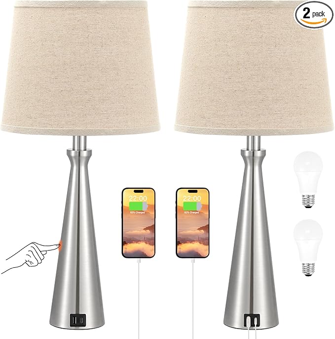 Acaxin Lamps for Bedrooms Set of 2 - Nightstand Lamps with USB C Port Charging, 3 Way Dimmable Touch Small Bed Side Table Lamp, Beige Night Stand Light for Kids/Guest Room - LeafyLoom