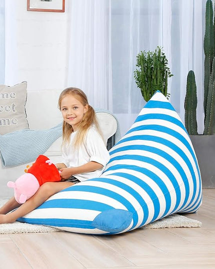 Aubliss Stuffed Animal Storage Bean Bag Chairs Cover, 50"x 35" Extra Large Bean Bags Chair for Kids & Adults, Beanbag Toy Storage for Boys Girls - Premium Cotton Canvas Blue Stripe - LeafyLoom