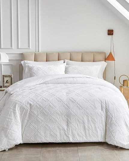 6 Pieces Tufted Bed in a Bag Twin Comforter Set with Sheets White, Soft and Embroidery Shabby Chic Boho Bohemian Design, Luxury Solid Color with Diamond Pattern, Jacquard Tufts Bedding Set for Kids - LeafyLoom