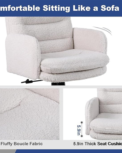 Adjustable Height Home Office Chair, Modern Mid Back Computer Desk Chair with Wheels, Ergonomic Upholstered Swivel Chair, Cream - LeafyLoom