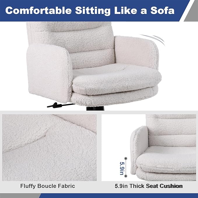 Adjustable Height Home Office Chair, Modern Mid Back Computer Desk Chair with Wheels, Ergonomic Upholstered Swivel Chair, Cream - LeafyLoom