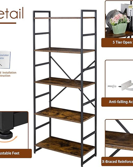 Shintenchi 2 Pieces 5 Tiers Bookshelf, Classically Tall Bookcase Shelf, Industrial Book Rack, Modern Book Holder in Bedroom/Living Room/Home/Office, Storage Rack Shelves for Books/movies-Rustic Brown - LeafyLoom