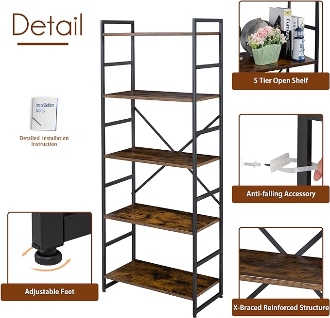 Shintenchi 2 Pieces 5 Tiers Bookshelf, Classically Tall Bookcase Shelf, Industrial Book Rack, Modern Book Holder in Bedroom/Living Room/Home/Office, Storage Rack Shelves for Books/movies-Rustic Brown - LeafyLoom
