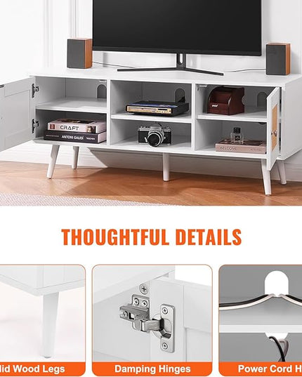 VEVOR Rattan TV Stand, Boho TV Cabinet for 55 inch TV, Mid Century Modern TV Stand, Rattan TV Console with Adjustable Shelfs for Living Room, Media Room, White - LeafyLoom