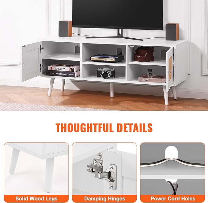 VEVOR Rattan TV Stand, Boho TV Cabinet for 55 inch TV, Mid Century Modern TV Stand, Rattan TV Console with Adjustable Shelfs for Living Room, Media Room, White - LeafyLoom