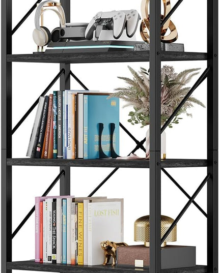 DWVO 5 Tier Bookshelf, Industrial Bookshelves Open Shelf Bookcase, Storage Shelves Organizer Display Rack for Bedroom,Living Room,Office,Kitchen, Charcoal Gray - LeafyLoom