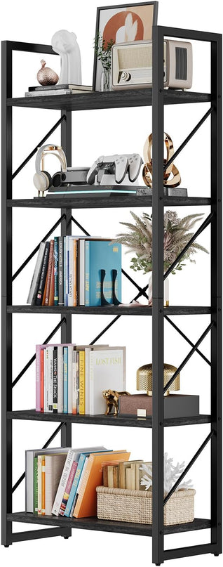 DWVO 5 Tier Bookshelf, Industrial Bookshelves Open Shelf Bookcase, Storage Shelves Organizer Display Rack for Bedroom,Living Room,Office,Kitchen, Charcoal Gray - LeafyLoom