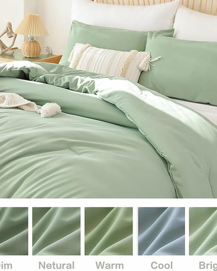 ROSGONIA Queen Comforter Set Sage Green, 3pcs Bedding Sets Queen (1 Boho Sage Comforter& 2 Pillowcases), All Season Lightweight Blanket Quilt - LeafyLoom