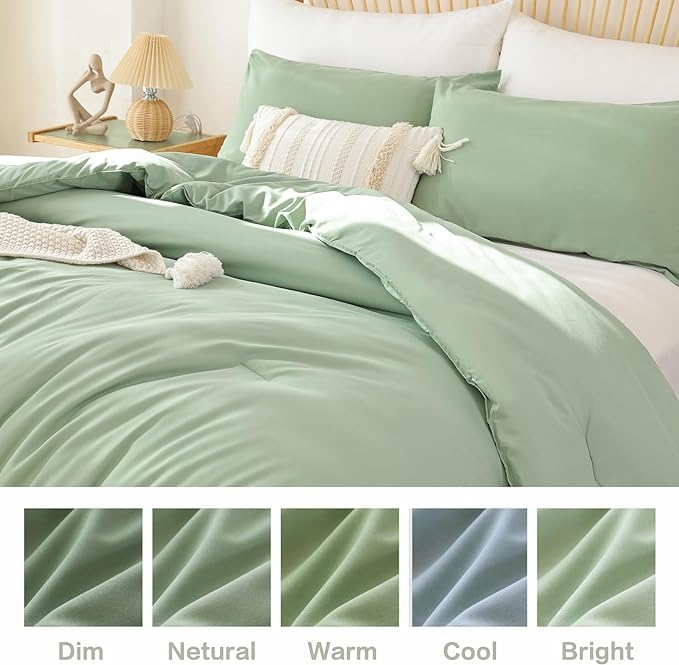 ROSGONIA Queen Comforter Set Sage Green, 3pcs Bedding Sets Queen (1 Boho Sage Comforter& 2 Pillowcases), All Season Lightweight Blanket Quilt - LeafyLoom