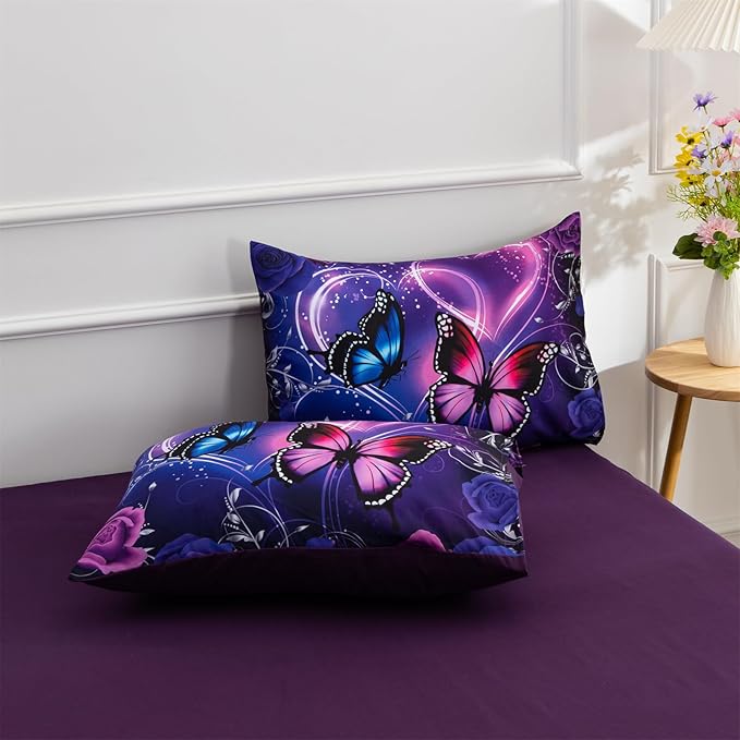 A Nice Night Galaxy 6pcs Bed in A Bag Purple and Blue Dreamy 3D Butterfly Printed, Butterflies Bedding Twin Comforter Set, for Girls Kids Teens - LeafyLoom