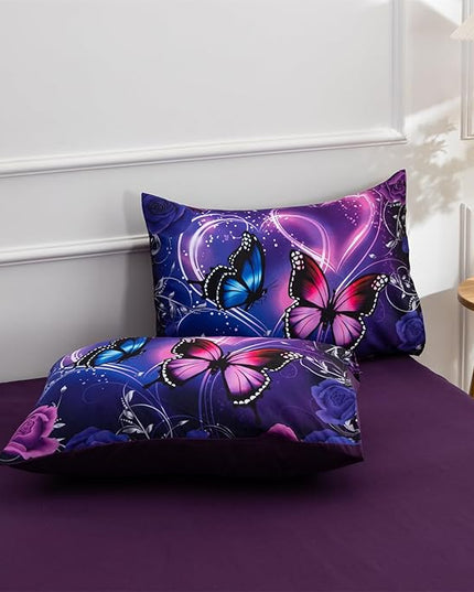 A Nice Night Galaxy 6pcs Bed in a Bag Purple and Blue Dreamy 3D Butterfly Printed, Butterflies Bedding Full Comforter Set, for Girls Kids Teens - LeafyLoom