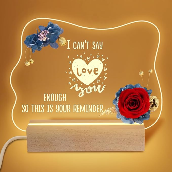 Yamonic Valentines Day Gifts for Her, Handmade Acrylic Plaque with Eternal Real Rose, Night Light with Preserved Rose Romantic Gifts for Girlfriend Wife Women (Reminder) - LeafyLoom