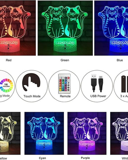 easuntec Cat Gifts for Cat Lovers Cat Lamp with Remote & Smart Touch 7 Colors + 16 Colors Changing Dimmable Cat Gifts 4 5 6 7 8 Year Old Girl Gifts (2Cat 16WT) - LeafyLoom