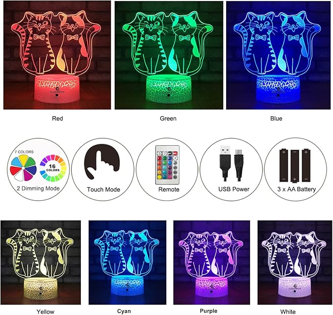 easuntec Cat Gifts for Cat Lovers Cat Lamp with Remote & Smart Touch 7 Colors + 16 Colors Changing Dimmable Cat Gifts 4 5 6 7 8 Year Old Girl Gifts (2Cat 16WT) - LeafyLoom