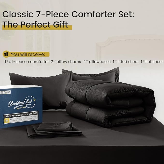 Queen Bed in a Bag 7 Pieces Comforter Set Queen, Wood Grain Texture Comforter Set Black Bed Set with Comforter, Pillowcases, Flat Sheet, Fitted Sheet and Pillow Shams - LeafyLoom