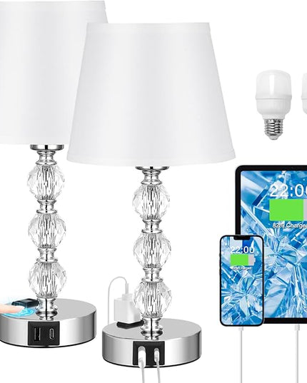 Bedside Lamps for Bedrooms Set of 2 - Crystal Nightstand Bedroom Lamp with Two USB Charging Port, 3 Way Dimmable Touch Small Bed Side Table Lamp, Silver Night Stand Light for Living/Guest/Dinning Room - LeafyLoom