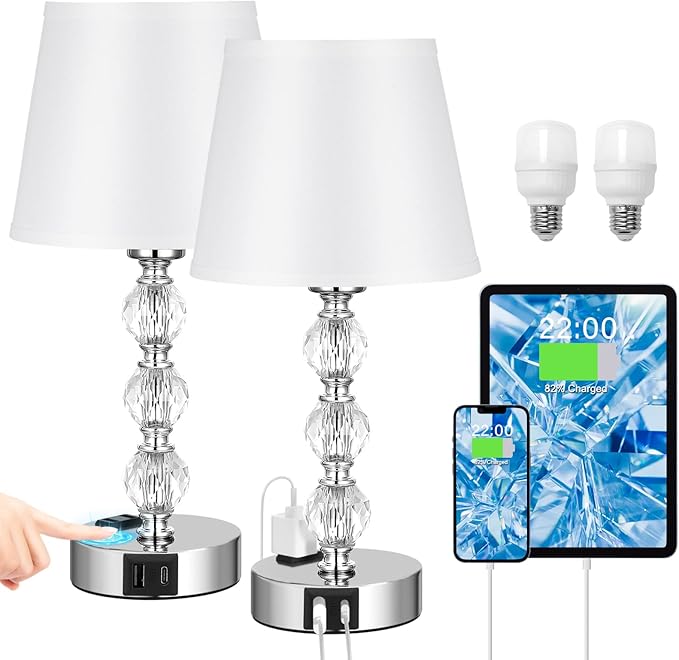 Bedside Lamps for Bedrooms Set of 2 - Crystal Nightstand Bedroom Lamp with Two USB Charging Port, 3 Way Dimmable Touch Small Bed Side Table Lamp, Silver Night Stand Light for Living/Guest/Dinning Room - LeafyLoom