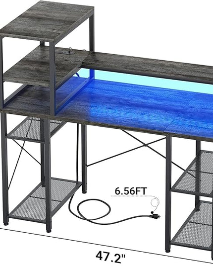 Cyclysio Gaming Desk with LED Light, 47 inch Computer Desk with Storage Shelves, Adjustable Home Office Desk with Power Outlets, Computer Gaming Desk with Long Monitor Stand for Small Space, Grey - LeafyLoom