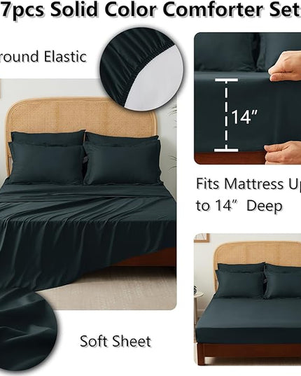Queen Bed in a Bag 7 Pieces Bedding Comforter Set with Comforter and Sheets Navy Blue Queen Comforter Set with Sheets,Pillow Shams, Flat Sheet, Fitted Sheet and Pillowcases - LeafyLoom