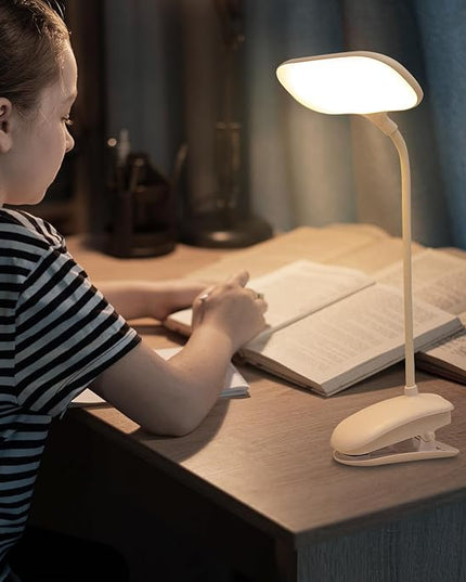 LED Desk Lamp with Clamp, Eye-Caring Clip on Lights for Home Office, 3000mAh Rechargeable Battery Operated Table Lamps,3 Lighting Modes & Brightness Dimmer Light for Kids Students - LeafyLoom