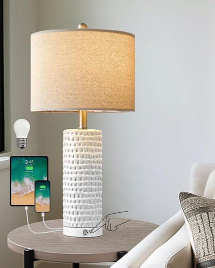 PORTRES 24" Bedside Lamps Table Lamp for Bedroom, 3-Way Dimmable Touch Nightstand Lamp, Farmhouse Ceramic White Lamp for Living Room End Table Lamps with USB C+A Ports (1 Pack) - LeafyLoom