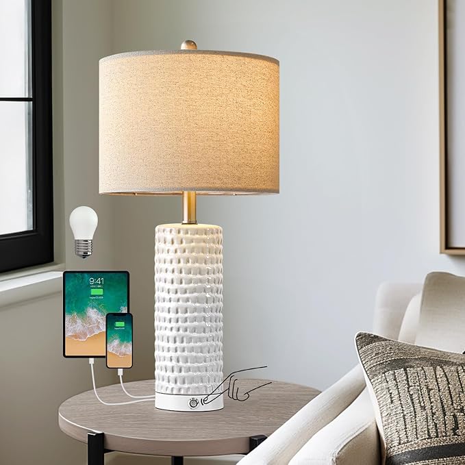 PORTRES 24" Bedside Lamps Table Lamp for Bedroom, 3-Way Dimmable Touch Nightstand Lamp, Farmhouse Ceramic White Lamp for Living Room End Table Lamps with USB C+A Ports (1 Pack) - LeafyLoom