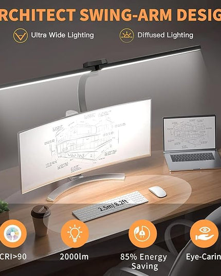 LED Desk Lamp for Office Home, Eye Caring Architect Desk Light with Clamp & Remote Control, Double Head 24W Bright Gooseneck Table Lamp for Dual Screen Computer Monitor Office Lighting Reading Study - LeafyLoom