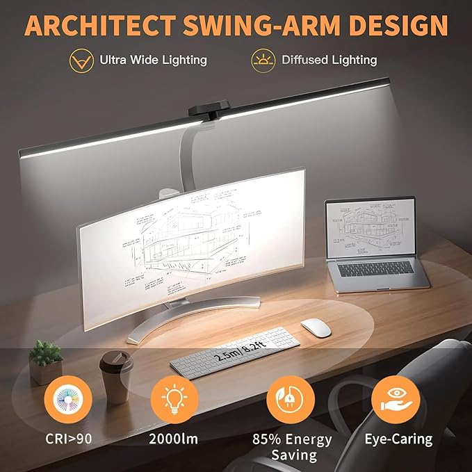 LED Desk Lamp for Office Home, Eye Caring Architect Desk Light with Clamp & Remote Control, Double Head 24W Bright Gooseneck Table Lamp for Dual Screen Computer Monitor Office Lighting Reading Study - LeafyLoom