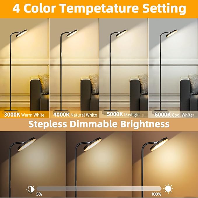LED Floor Lamp, Upgraded Super Bright Standing Lamp with Remote Touch Control,Stepless Adjust Color Temperatures & Brightness Torchiere Tall Lamp,Rotatable Reading Floor Lamps for Living Room, Bedroom - LeafyLoom