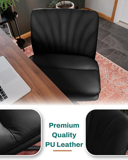 Criss Cross Chair with Wheels - Cross Legged Office Chair, Wide Armless Desk Chair Comfy Swivel Vanity Chair for Home Office, PU Leather - Black - LeafyLoom