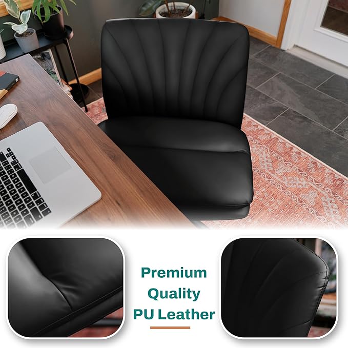 Criss Cross Chair with Wheels - Cross Legged Office Chair, Wide Armless Desk Chair Comfy Swivel Vanity Chair for Home Office, PU Leather - Black - LeafyLoom
