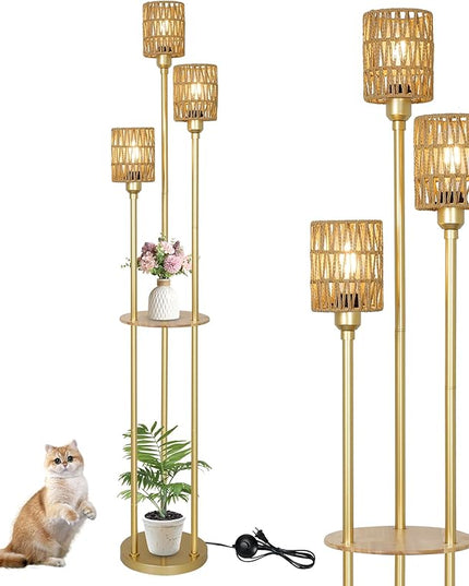 Boho Floor Lamp with Shelves, 3-Lights Farmhouse Tall Floor Lamp with ON/OFF Foot Switch, Gold Modern Floor Lamps with Rattan Shades, Rustic Standing Lamp for Living Room, Bedroom, Office - LeafyLoom