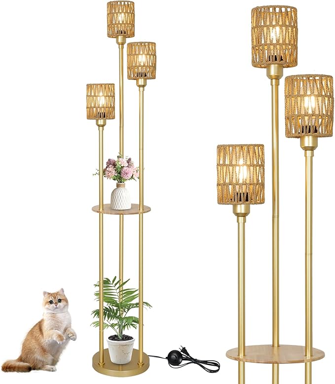 Boho Floor Lamp with Shelves, 3-Lights Farmhouse Tall Floor Lamp with ON/OFF Foot Switch, Gold Modern Floor Lamps with Rattan Shades, Rustic Standing Lamp for Living Room, Bedroom, Office - LeafyLoom