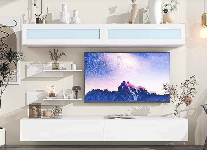 NicBex Wall Mount Floating TV Stand for 95+ Inch TV LED Entertainment Center Media Storage Console Table with 4 Media Storage Cabinets and 2 Shelves for Living Room,Bedroom, 95 Inch,White - LeafyLoom