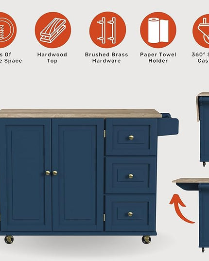 Homestyles Mobile Kitchen Island Cart with Wood Drop Leaf Breakfast Bar, Blue - LeafyLoom