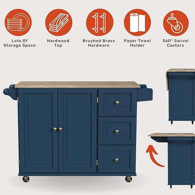 Homestyles Mobile Kitchen Island Cart with Wood Drop Leaf Breakfast Bar, Blue - LeafyLoom