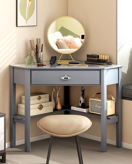 Nightcore Small, Wood Computer Desk, Compact Writing w/Drawer & Storage Shelves, Space Saving Study Workstation, Laptop PC Corner Table, Grey - LeafyLoom