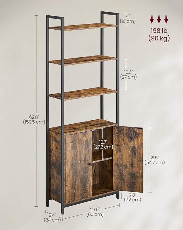 VASAGLE 6-Tier Bookshelf, Tall Bookcase with Door, Steel Frame, Adjustable Shelves, 9.4 x 23.6 x 62.8 Inches, Living Room Bedroom, Rustic Brown and Ink Black ULLS133K01 - LeafyLoom