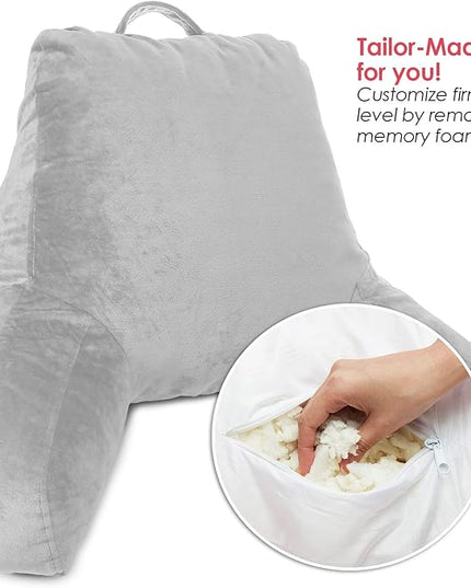 Clara Clark Reading Pillow for Kids, Small Back Pillow for Sitting Up in Bed, Memory Foam Back Support Pillow, Reading Pillows for Sitting in Bed, Light Grey Gaming Pillow with Arms and Pockets - LeafyLoom