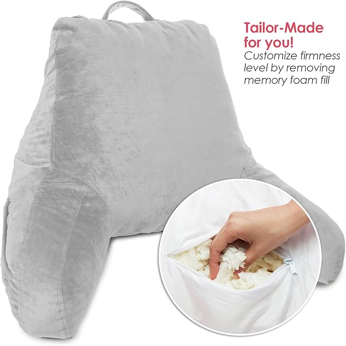 Clara Clark Reading Pillow for Kids, Small Back Pillow for Sitting Up in Bed, Memory Foam Back Support Pillow, Reading Pillows for Sitting in Bed, Light Grey Gaming Pillow with Arms and Pockets - LeafyLoom