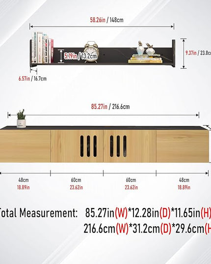 Pmnianhua Mid Century TV Stand,85'' Wall Mounted TV Cabinet,Low TV Bench Under TV Entertainment Center Shelf TV Console Table with 4 Cabinets for Living Room Bedroom(Light Oak) - LeafyLoom