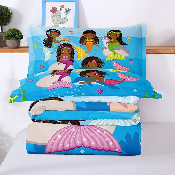 Little Mermaid Bedding, Black Girl Comforter Set Twin Size, Black Mermaid Bedroom Decor for Girls, Princess Twin Bed Set for Kids Teens with 1 Comforter and 2 Pillow Cases - LeafyLoom