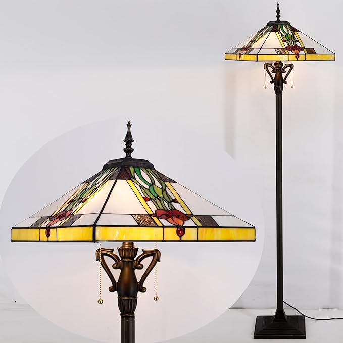 Tiffany Floor Lamp Mission Style Stained Glass Standing Reading Light 16X16X64 Inch Tulip Flower - LeafyLoom